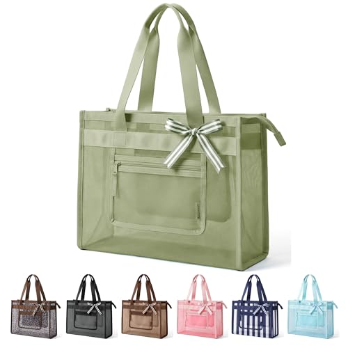 BAGSMART Mesh Beach Bag with Zipper Pocket, Large Beach Tote Bags for Women | for 40 oz Bottle, Removable Ribbon Bow, Sand...