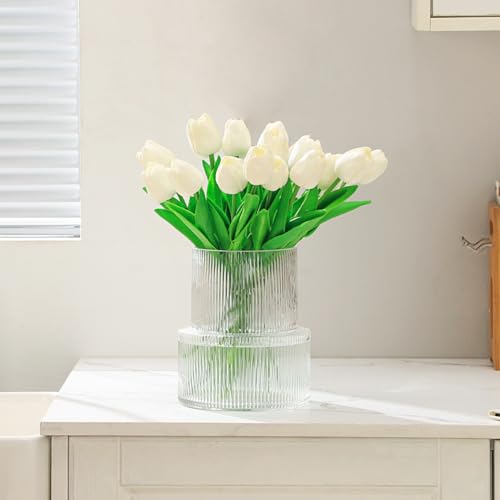YANWE1 Ribbed Glass Vase, Flower Vase, Fluted Clear Vases for Flowers, Modern Vases for Living Room, Dining Table, Entrywa...