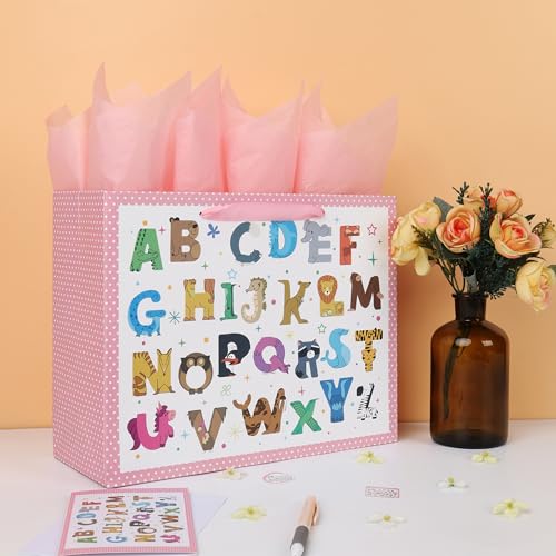 Qirrmiy 13'' Large Baby Girl Gift Bag Set with Handles, Greeting Card, Pink Tissue Papers and Stickers for Baby Girls Kids...