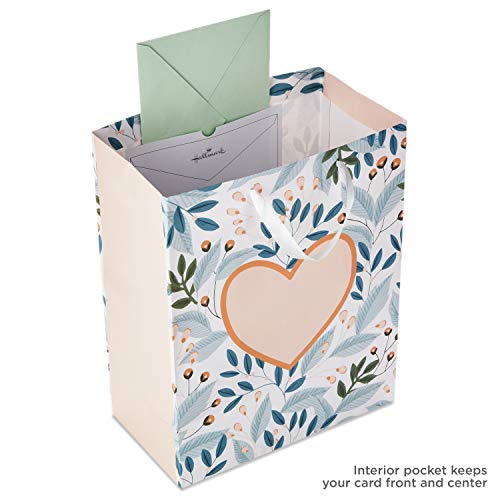 Hallmark 13" Large Gift Bag with Tissue Paper (Green Foliage, Gold Heart) for Weddings, Engagements, Anniversaries, Bridal...