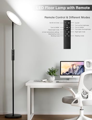 PreeOtti Modern LED Floor Lamp - Remote & Touch Control, 40W/2400LM Sky Torchiere Standing Lamp, Fully Dimmable, 3 Color T...