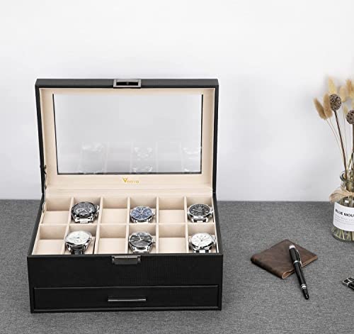 Voova Jewelry Box Organizer for Men Women, 2 Layer Large 12 Slot PU Leather Watch Storage Case, Glass Top Jewelry Display ...