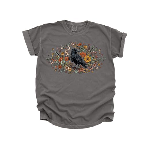 Retro Crow Coffee Design - Womens Comfort Colors - Pepper Grey Floral Raven Botanical Graphic Tee