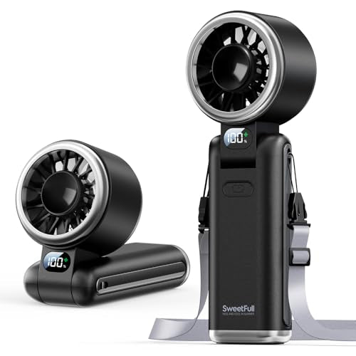 SWEETFULL Portable Handheld Turbo Fan - Portable Fans Rechargeable, 5000mAh, 180° Adjustable, 5 Speed Wind, Digital Displa...