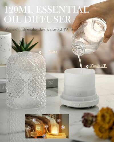 Onaboviva Essential Oil Diffuser - 2.4MHz Ultrasonic Glass Diffuser for Home, 120ml, Pulse&Continuous Mist, Bright/Dim/Bre...