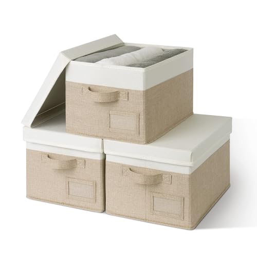 GRANNY SAYS Storage Basket with Lid, Linen Fabric Storage Bins with Label, Decorative Storage Boxes, Clothes Storage and O...