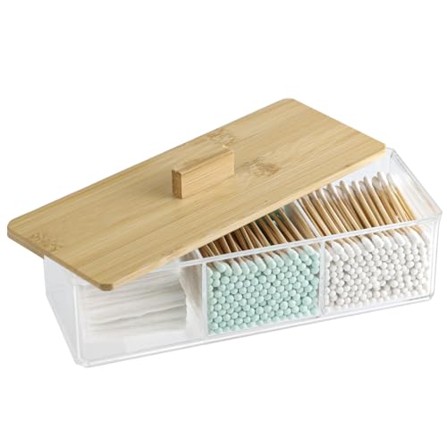 ZEXALOR Clear Bathroom Dresser Organizer - Cotton Ball Swab Holder with 3 Divided Compartments&Lid, Waterproof Transparent...