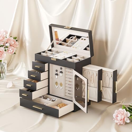 HOOBRO Jewelry Box with Mirror, Jewelry Organizer Box with Capacious Storage Space, Jewelry Holder Organizer, Hand-Held Je...