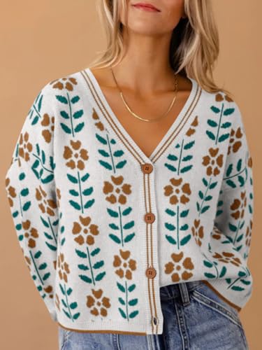 Saodimallsu Womens Floral Print V Neck Cardigan Open Front Button Down Knit Sweater Long Sleeve Loose Fashion Tops