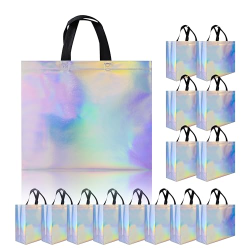 cabzymx Glossy Iridescent Gift Bags 15 Pcs, 12.6x4.7x11 In Reusable Goodie Bags Bulk with Handles & Sturdy Base, Christmas...