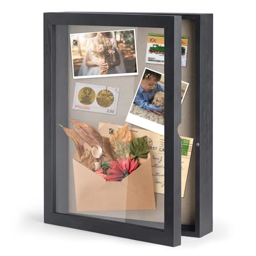 SZQINJI 11x14 Shadow Box Frame Memory Box Flower Shadow Box Display Case with Linen Back Glass Magnetic Door for Memorabil...