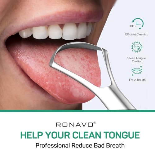 RONAVO Tongue Scraper for Adults (3 Pack), Reduce Bad Breath, Metal Tongue Scraper, Easy to use & Clean, with Travel Case ...