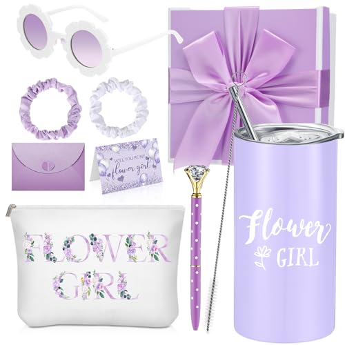 Sieral 9 Pcs Flower Girl Proposal Gifts Set Personalized Flower Girl Tumbler with Straw Bride Gift Box Canvas Bag Sunglass...