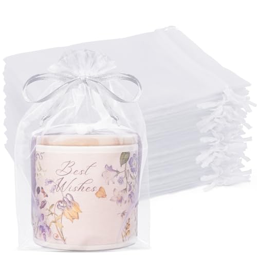 Crweety 50 Pcs White Organza Bags 6x9 Inches, Large Mesh Gift Bags Drawstring, Jewelry Pouches Treat Sachet Goodie Mesh Ba...