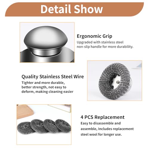 5Pcs Steel Wool Scrubber with Replacement Wire Sponge Pads Set, Stainless Steel Scrubber with Handle for Scouring Stubborn...