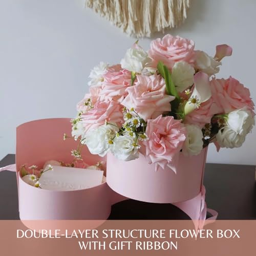 BBJ WRAPS Pink Flower Round Box with Lid for Floral Arrangements, Double Layers Rotating Drawer Flower Bouquet Paper Gift ...