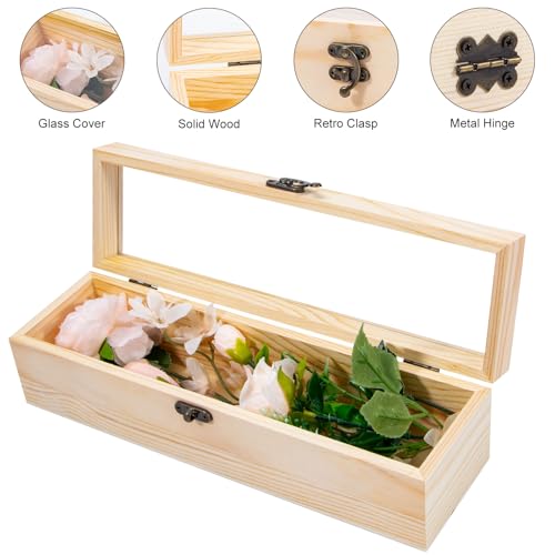 Useekoo Unfinished Wooden Box with Hinged Glass Lid, 11.8" x 3.3" x 3.2" Wood Wine Box, Decorative Keepsake Box for Gift, ...