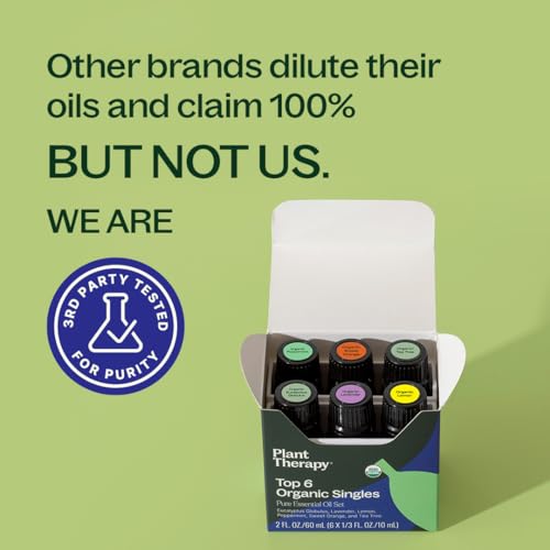 Plant Therapy Top 6 USDA Organic Essential Oil Set - Lavender, Peppermint, Eucalyptus, Lemon, Tea Tree 100% Pure, Natural ...