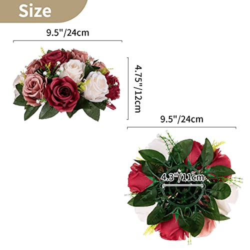 Nuptio Artificial Flower Centrepieces for Tables - 6 Pcs Burgundy & Dusty Rose & Creamy White Fake Flowers Roses Balls 9.5...