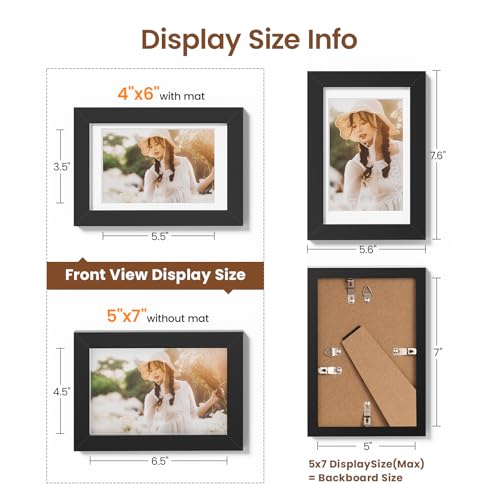 5x7 Picture Frame Set of 5,Display 4x6 Pictures with Mat or 5x7 without Mat, Black 4x6 Photo Frames Tabletop or Wall Mount...