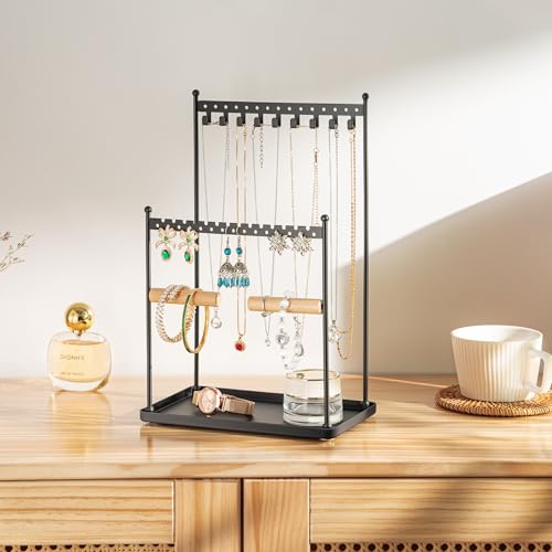 Josmimic 3 Tier Black Jewelry Stand, Necklace Organizer, Earring Holder with 44 Holes and 9 Hooks, for Necklaces, Bracelet...