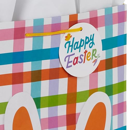 Hallmark 17" Extra Large Easter Gift Bag with Tissue Paper (Bunny Face, Rainbow Plaid) for Kids Presents, Easter Baskets