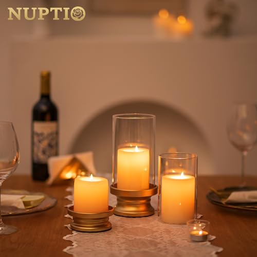 NUPTIO Hurricane Candle Holder Gold: Pillar Candle Holders with Clear Glass Sleeve - Set of 2 Decorative Brass Metal Pilla...