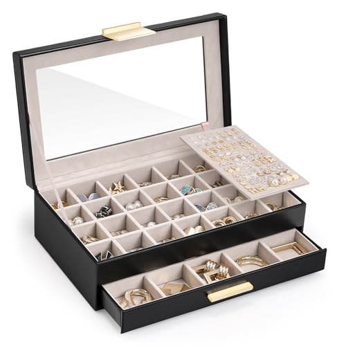 Lolalet Earring Storage Box Case with Glass Top, Large Earring Jewelry Holder Organizer Display with Drawer and Grid, Gift...