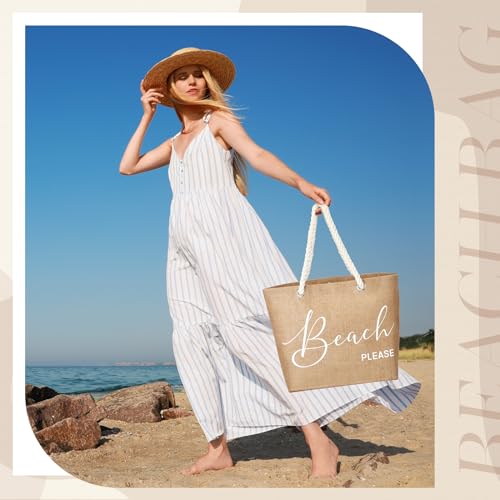 Huhumy Jute Beach Bag for Woman Boho Beach Shoulder Tote Bag with Cotton Handles Modern Waterproof Handbag for Women Vacat...