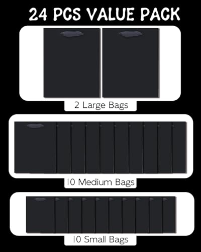 qiqee Black Gift Bags with Tissue Paper Mulit Assorted Sizes 24PCS Present Party Favor Birthday Bags(4pcs Large 13", 10pcs...