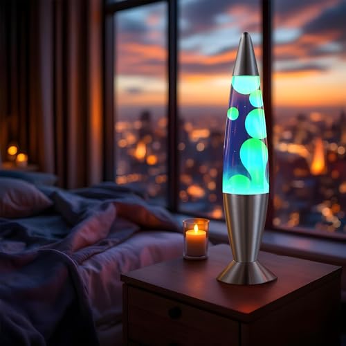 JAMBO 16" Beautiful Lamp- Blue with Yellow/Green Wax, Relaxing Liquid Light, Night Light Nightlight, Home Decor Living Roo...