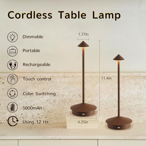 2 Pack Aluminum Cordless Table Lamp, 6000mAh Rechargeable Table Lamps, Portable Touch LED Lamp, Outdoor Waterproof Dimmabl...