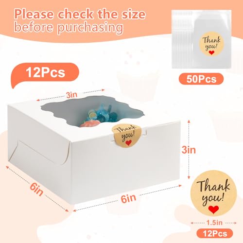 ZYFOTZUN 12 Pcs Cookie Boxes with Window, 6x6x3 Inches White Bakery Boxes, Treat Boxes with 50 Pcs Cookie Bags and 12 Pcs ...