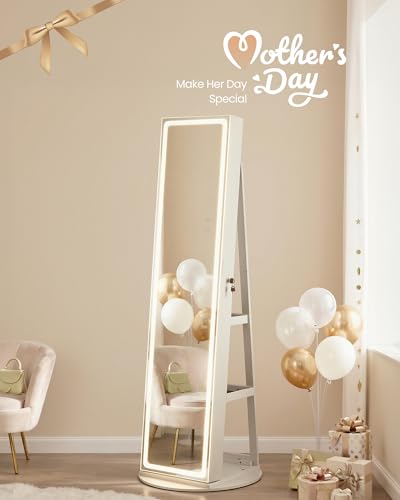 SONGMICS LED Jewelry Cabinet Standing, Lockable Armoire With Full-Length Mirror and Adjustable Lights, Space-Saving Organi...
