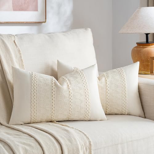 Fancy Homi Set of 1 Boho Cream Lumbar Decorative Throw Pillow Cover 12x20 Inch for Couch Bed Sofa Chair, Modern Organic Fa...