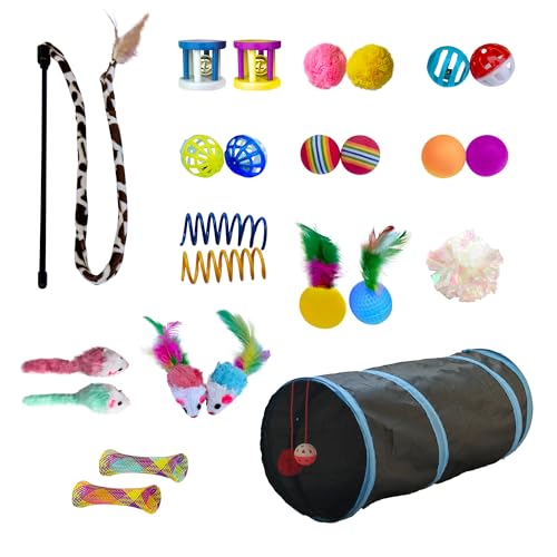 PetLike 25pcs Interactive Cat Toys Set Collapsible Cat Tunnel Interactive Feather Teaser Wand,Spring Toys & Balls for Indo...