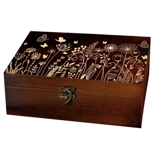 arricraft 1 Pc Wooden Memory Keepsake Box, Wildflower Cluster Butterflies Engraved Pattern Rectangle Pine Tarot Box for An...