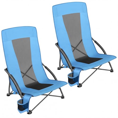 SONGMICS Set of 2 Portable Beach Chairs for Adults, Max. Load 330 lb Each, High Backrest, Cup Holder, Lightweight, Heavy-D...