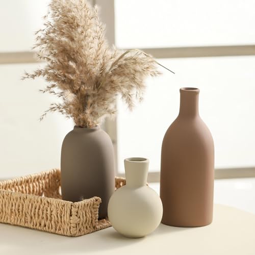 Ceramic Vases Set of 3, Modern Neutral Rustic Farmhouse Home Decor Pottery Pampas Decoration for Living Room, Table, Bathr...