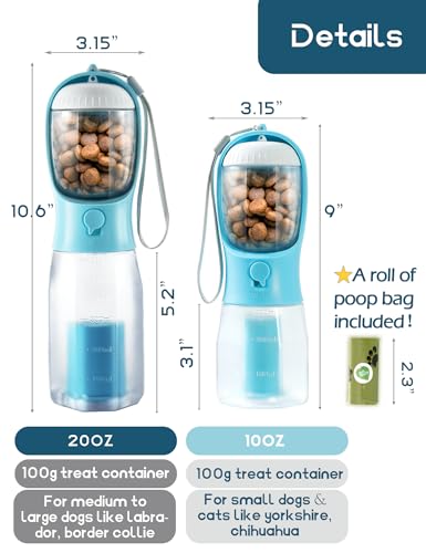 Portable Water Bottle for Small Dogs, 3 in 1 Animal Pet Travel Bowl Dispenser with Food Treat Container & Poop Bag Holder,...