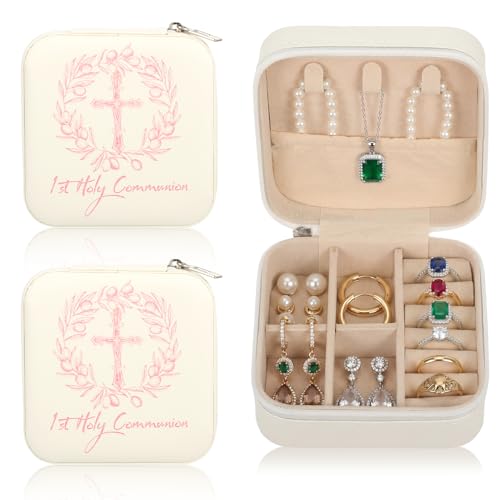 2 Pcs First Communion Travel Jewelry Box, Small Zippered Jewelry Case with Soft Lining, White Square Keepsake Box for Ring...