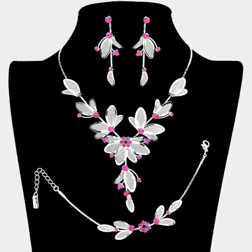 Rosemarie Collections Women's 3 Piece Rhinestone Crystal And Metal Mesh Floral Statement Necklace Bracelet Earring Jewelry...