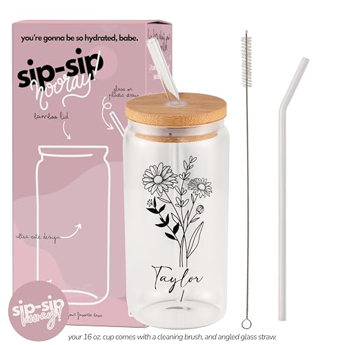 Personalized Birth Flower 16oz Glass Can Cup, Custom Name Bridesmaid Bridal Party Gift, Floral Iced Coffee Glass with Lid ...