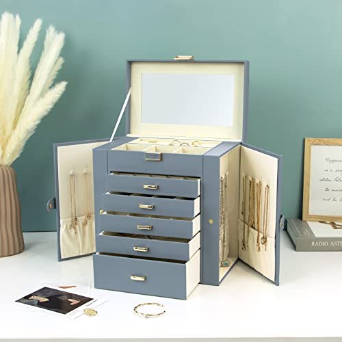 KAMIER Jewelry Box for Women, 6-Layer Large Jewelry Organizer Box with Mirror & 5 Drawers for Rings, Earrings, Necklaces, ...