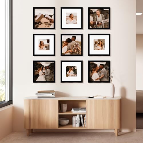 BSRHOME 12x12 Picture Frame Set of 9, Display Pictures 8x8 with Mat or 12x12 without Mat, Multi Collage Gallery Square Pho...