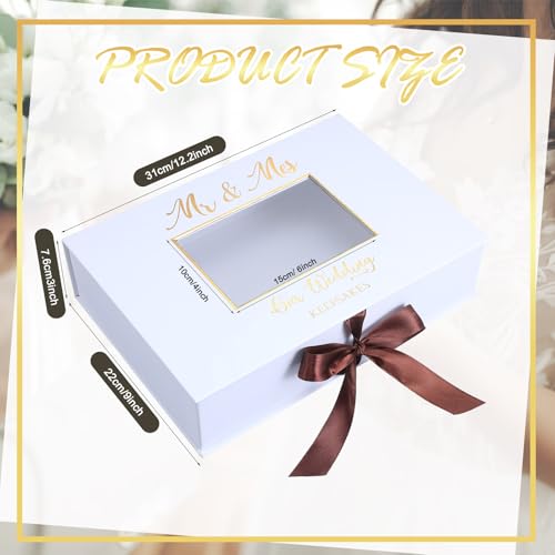 Weysat 12x9 Inches Gold Stamping Font Wedding Keepsake Box Cover with Photo Frame, White Wedding Memory Box with Ribbon fo...