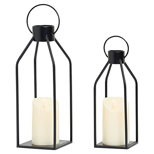 HPC Decor Modern Farmhouse Lanterrn Decor- Black Metal Candle for Summer Night- Lanterns w/Timer Flickering Candles for Li...
