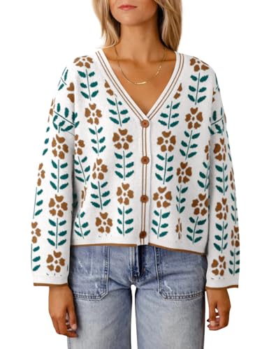 Saodimallsu Womens Floral Print V Neck Cardigan Open Front Button Down Knit Sweater Long Sleeve Loose Fashion Tops