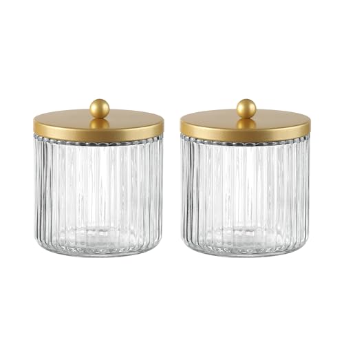 KMwares Matte Golden Yellow Set of 2 Glass Qtip Holder Dispenser Set for Cotton Ball, Swab, Round Pads, Floss Picks - Bath...