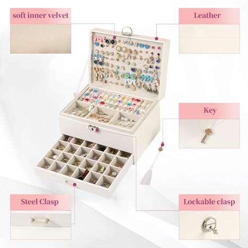 BOOVO Earring Jewelry Box For Women Girl Stud Organizer, 5 Layers Girl Jewelry Organizer Box With Lock Earring Holder Orga...